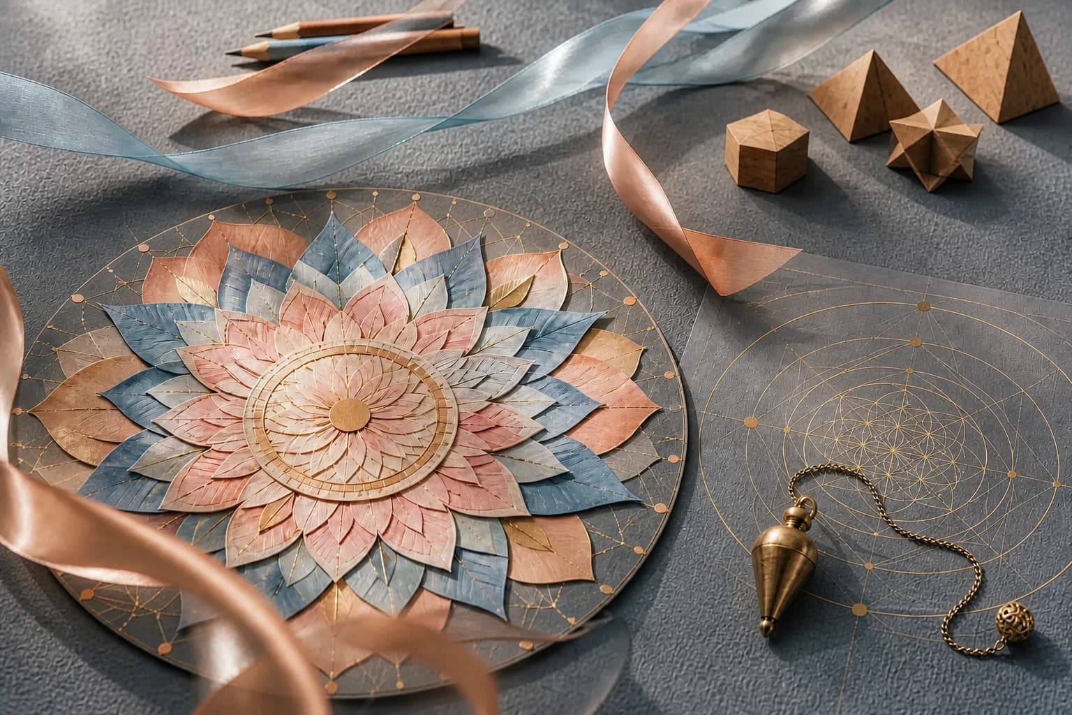 Mandala artesanal, gráfico de radiestesia, pêndulo e fitas coloridas em movimento