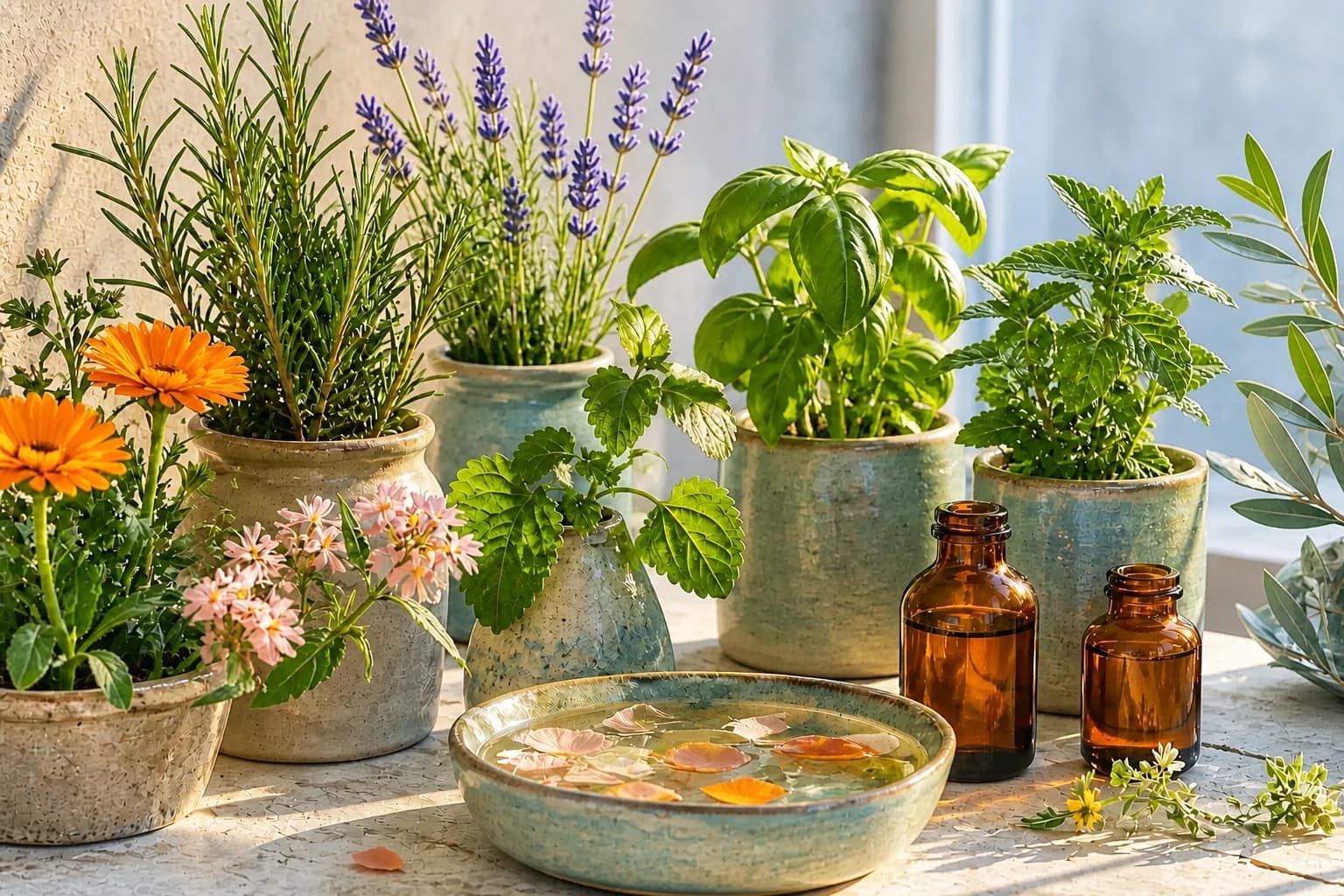 Plantas medicinais, ervas frescas e recipientes de cerâmica iluminados pelo sol