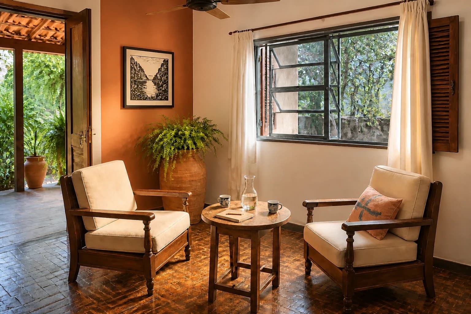 Sala de atendimento brasileira com duas poltronas de madeira, piso de taco, caderno e água sobre uma mesa de apoio