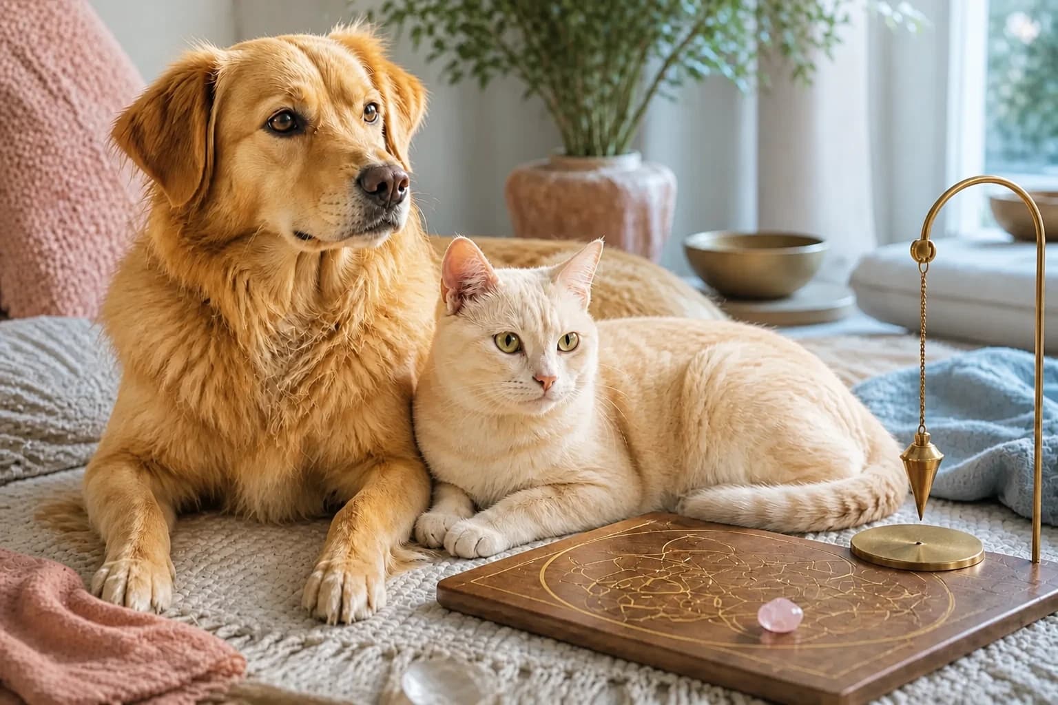 Cão e gato tranquilos próximos a um pêndulo de radiestesia em suporte